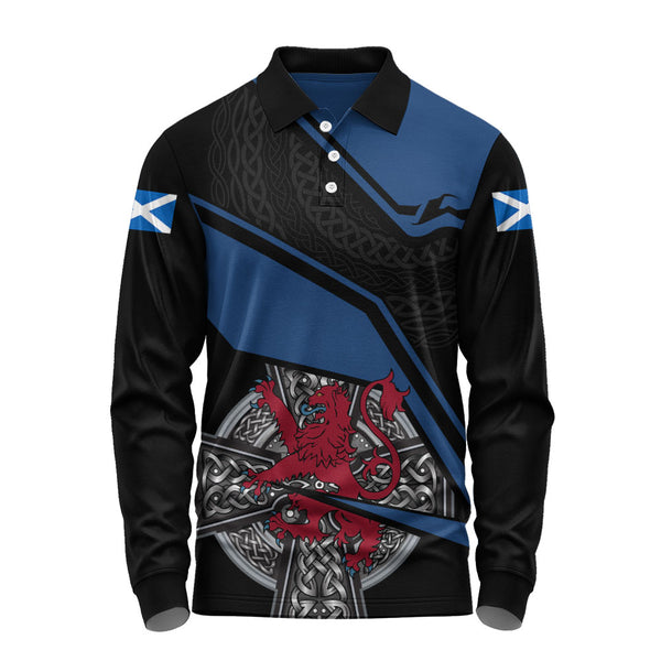 Scotland Long Sleeve Polo Shirt Red Lion Celtic Grid Armor Blue Black Warrior Path Edition