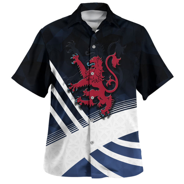 Scotland Hawaiian Shirt Red Lion Dynamic Stripes Saltire Emblem Bold Highland Energy Look