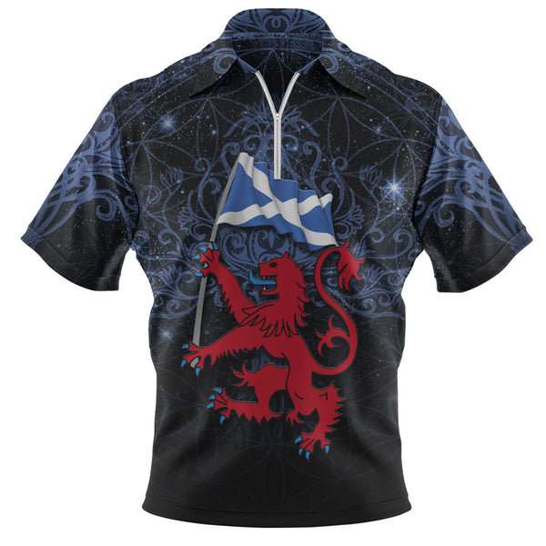 Scotland Zip Polo Shirt Starborn Lion Saltire Banner Celestial Blue Highland Pride Gear