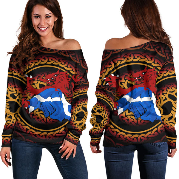 Scotland Off Shoulder Sweatshirt Burning Lion Celtic Flame Saltire Embrace Warrior Spirit Armor