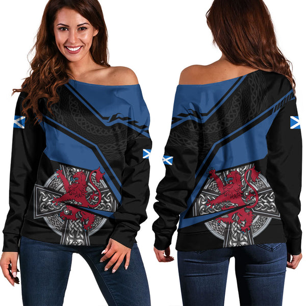 Scotland Off Shoulder Sweatshirt Red Lion Celtic Grid Armor Blue Black Warrior Path Edition