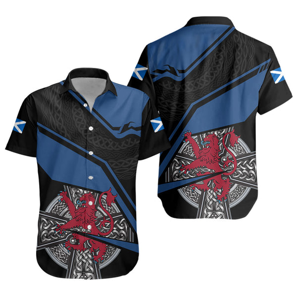 Scotland Short Sleeve Shirt Red Lion Celtic Grid Armor Blue Black Warrior Path Edition