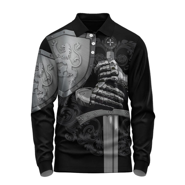 Scotland Long Sleeve Polo Shirt Medieval Warrior with Steel Gauntlet Holding Sword and Shield Lion