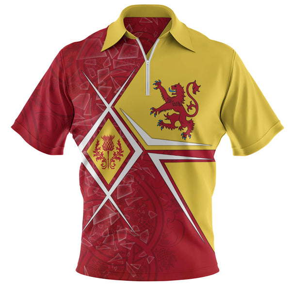Scotland Zip Polo Shirt Royal Flame Thistle Crest Red Lion Valor Modern Heritage Blend