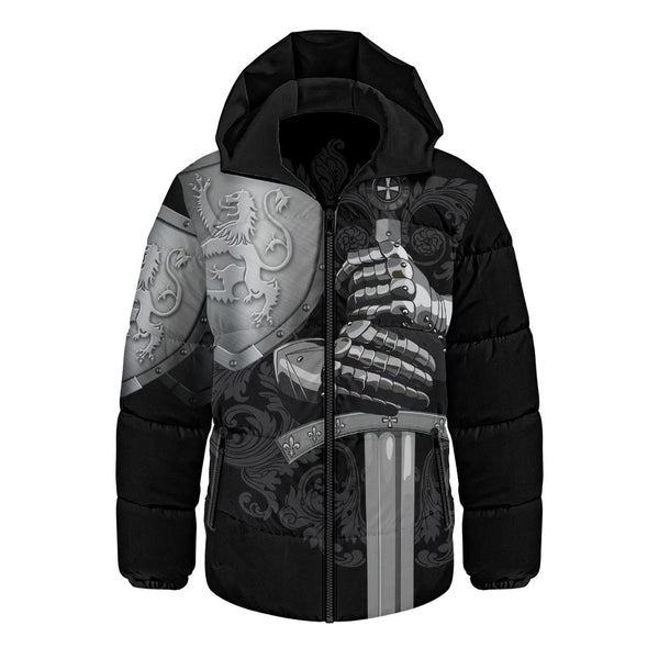 Scotland Hooded Padded Jacket Medieval Warrior with Steel Gauntlet Holding Sword and Shield Lion