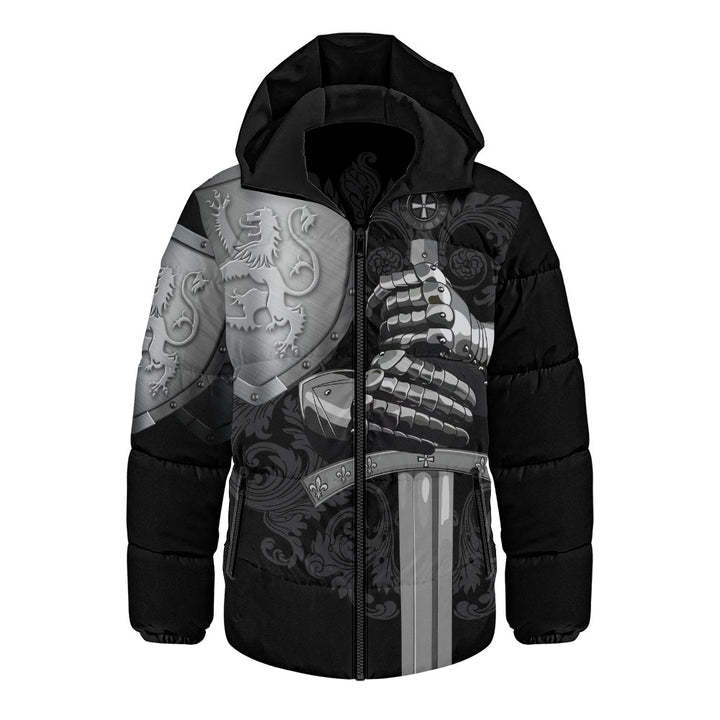 Scotland Hooded Padded Jacket Medieval Warrior with Steel Gauntlet Holding Sword and Shield Lion