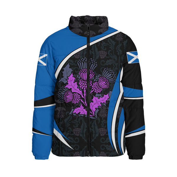Scotland Padded Jacket Purple Thistle Modern Saltire Lines Highland Heritage Floral Power