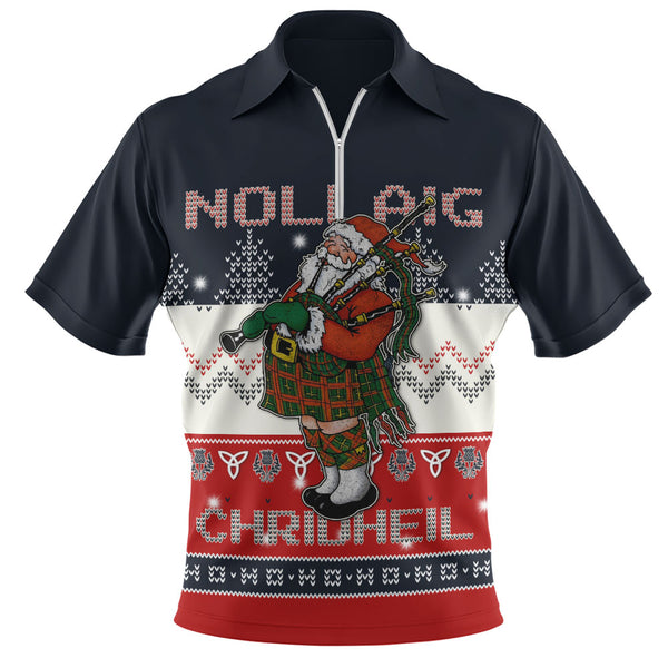 Scotland Zip Polo Shirt Santa Highland Stroll with Bagpipes and Cheer
