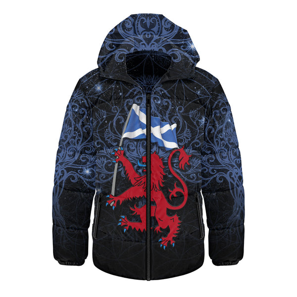 Scotland Hooded Padded Jacket Starborn Lion Saltire Banner Celestial Blue Highland Pride Gear