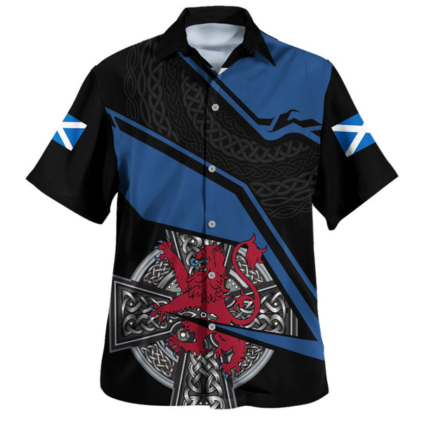 Scotland Hawaiian Shirt Red Lion Celtic Grid Armor Blue Black Warrior Path Edition