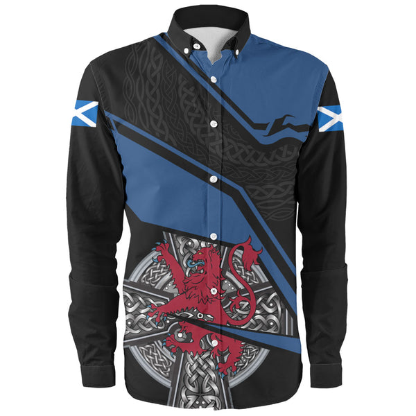 Scotland Long Sleeve Shirt Red Lion Celtic Grid Armor Blue Black Warrior Path Edition