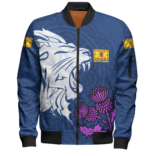Scotland Bomber Jacket Roaring Lion Thistle Pride Blue Bold National Identity Spiritwear