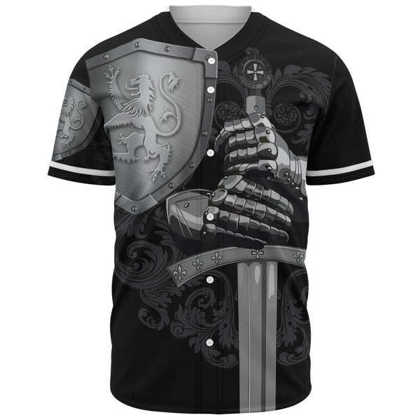 Scotland Baseball Shirt Medieval Warrior with Steel Gauntlet Holding Sword and Shield Lion