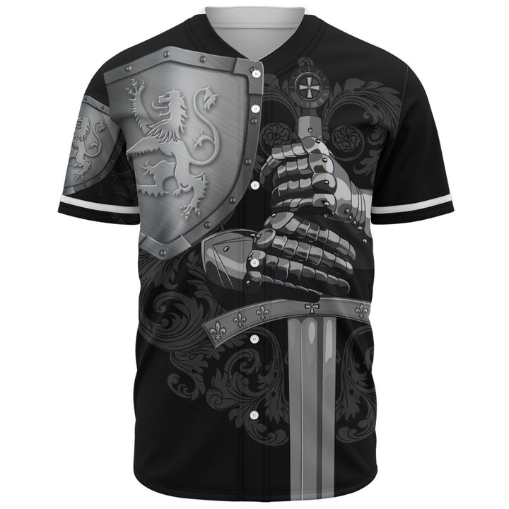 Scotland Baseball Shirt Medieval Warrior with Steel Gauntlet Holding Sword and Shield Lion
