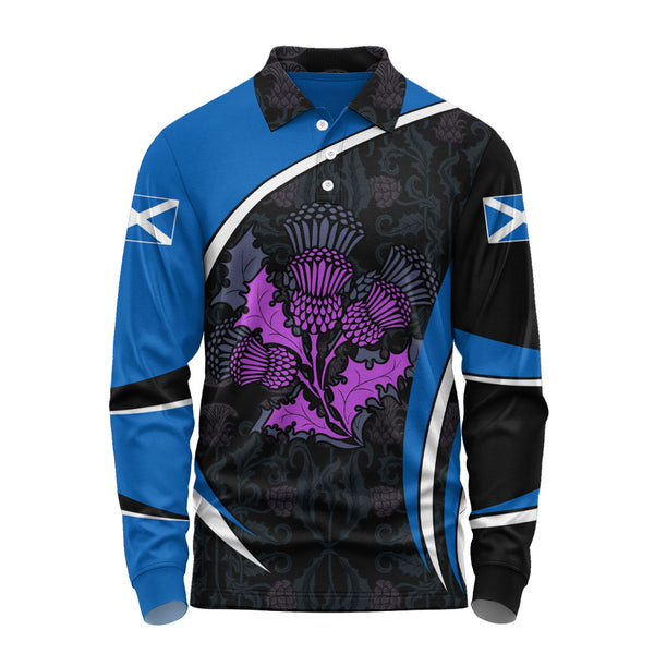 Scotland Long Sleeve Polo Shirt Purple Thistle Modern Saltire Lines Highland Heritage Floral Power