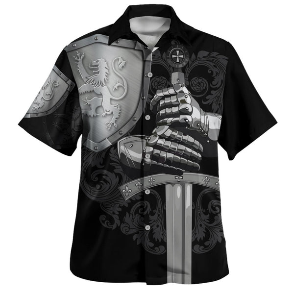 Scotland Hawaiian Shirt Medieval Warrior with Steel Gauntlet Holding Sword and Shield Lion