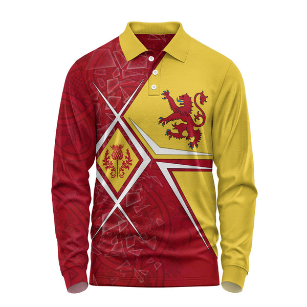 Scotland Long Sleeve Polo Shirt Royal Flame Thistle Crest Red Lion Valor Modern Heritage Blend
