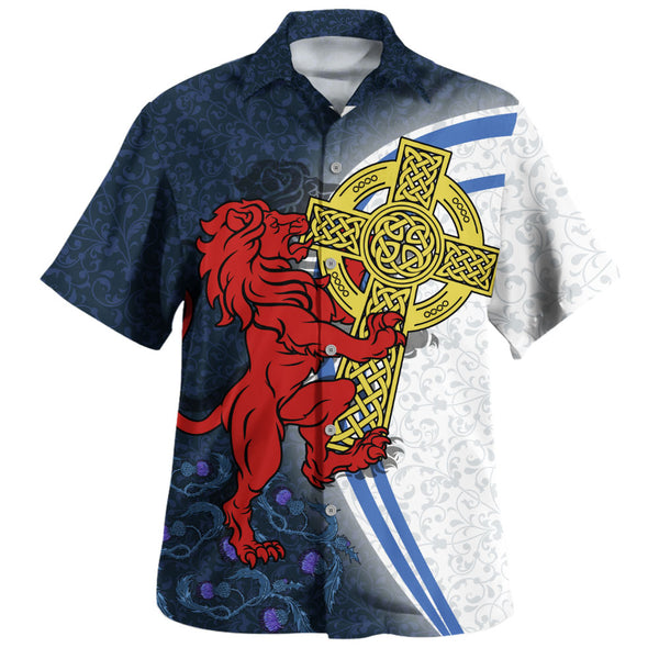 Scotland Hawaiian Shirt Lion Guarding Celtic Cross Saltire Heritage Warrior Symbolic Design