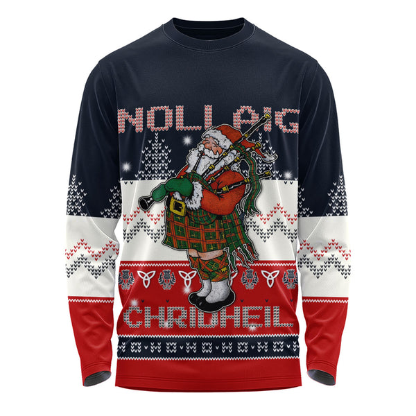 Scotland Long Sleeve T-Shirt Santa Highland Stroll with Bagpipes and Cheer