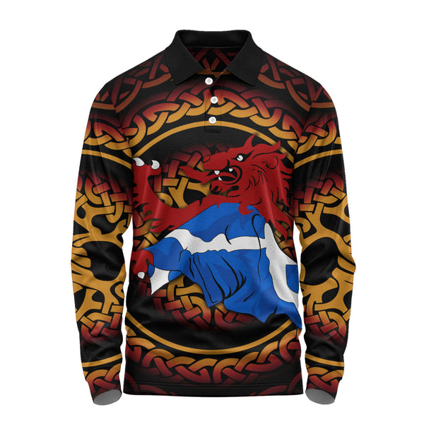 Scotland Long Sleeve Polo Shirt Burning Lion Celtic Flame Saltire Embrace Warrior Spirit Armor