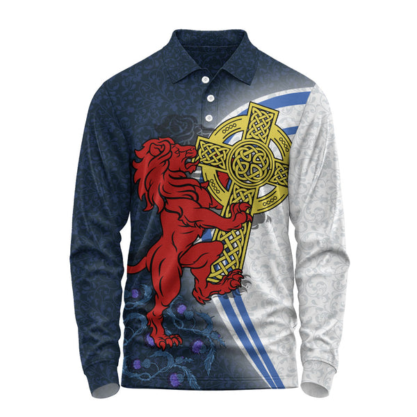 Scotland Long Sleeve Polo Shirt Lion Guarding Celtic Cross Saltire Heritage Warrior Symbolic Design