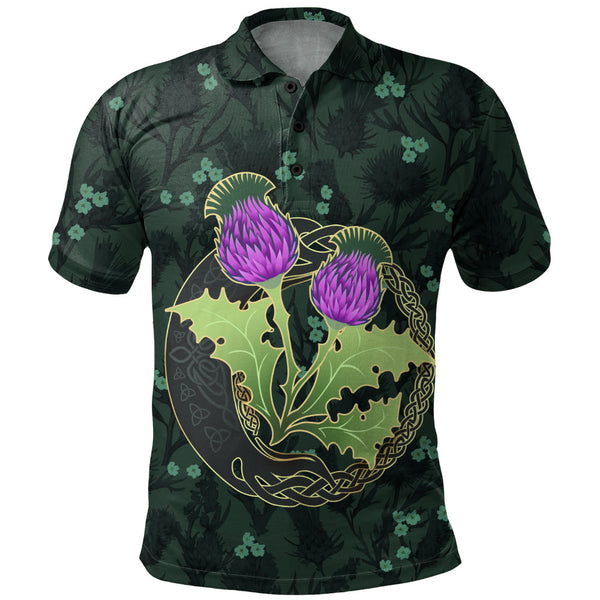 Scotland Polo Shirt Thistle Bloom Celtic Emblem Nature Heritage Green Pattern Art
