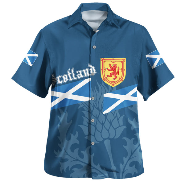 Scotland Hawaiian Shirt Saltire Thistle Crest Blue Heritage Emblem National Pride Wear