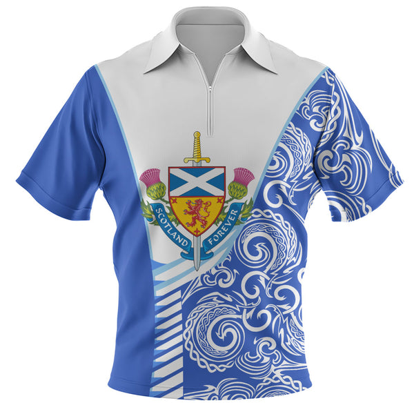 Scotland Zip Polo Shirt Ocean Crest Saltire Shield Sword Thistle Legacy Forever Edition