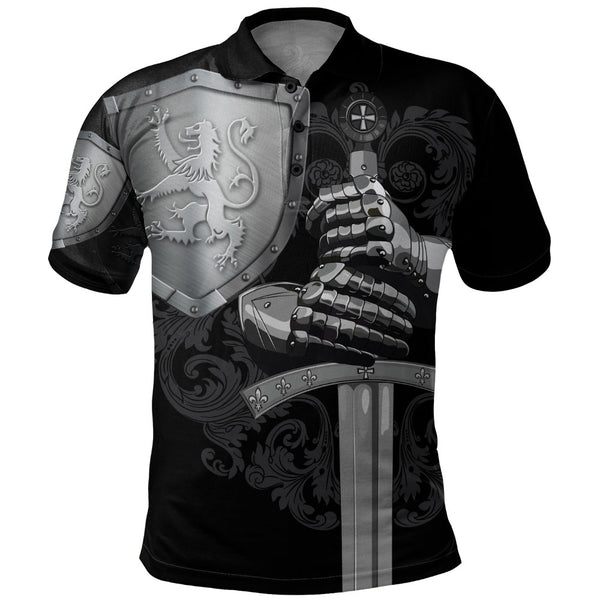 Scotland Polo Shirt Medieval Warrior with Steel Gauntlet Holding Sword and Shield Lion