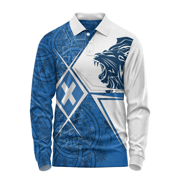 Scotland Long Sleeve Polo Shirt Geometric Lion Roar Saltire Grid Digital Pattern Highland Fusion Style