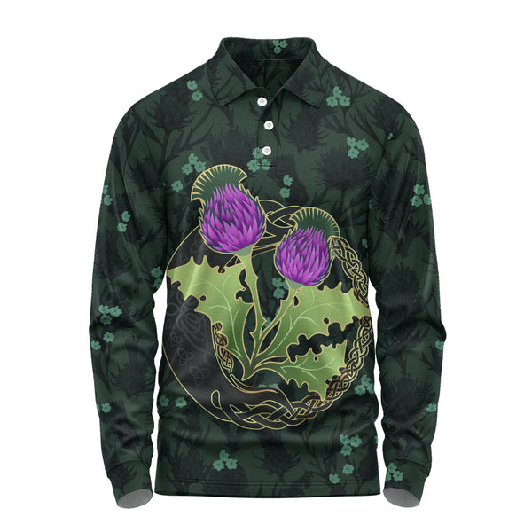Scotland Long Sleeve Polo Shirt Thistle Bloom Celtic Emblem Nature Heritage Green Pattern Art