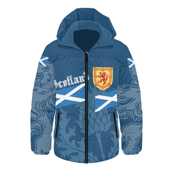 Scotland Hooded Padded Jacket Saltire Thistle Crest Blue Heritage Emblem National Pride Wear