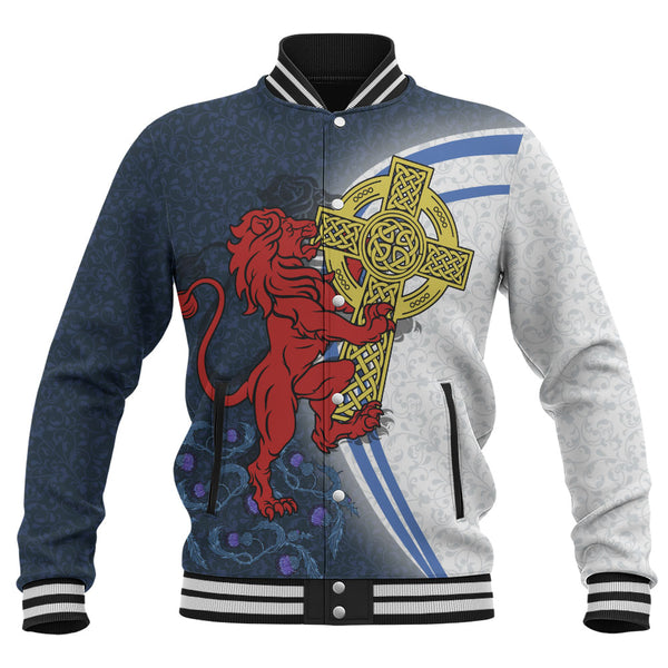 Scotland Baseball Jacket Lion Guarding Celtic Cross Saltire Heritage Warrior Symbolic Design