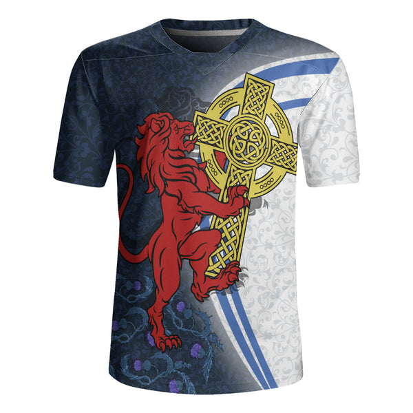 Scotland Rugby Jersey Lion Guarding Celtic Cross Saltire Heritage Warrior Symbolic Design
