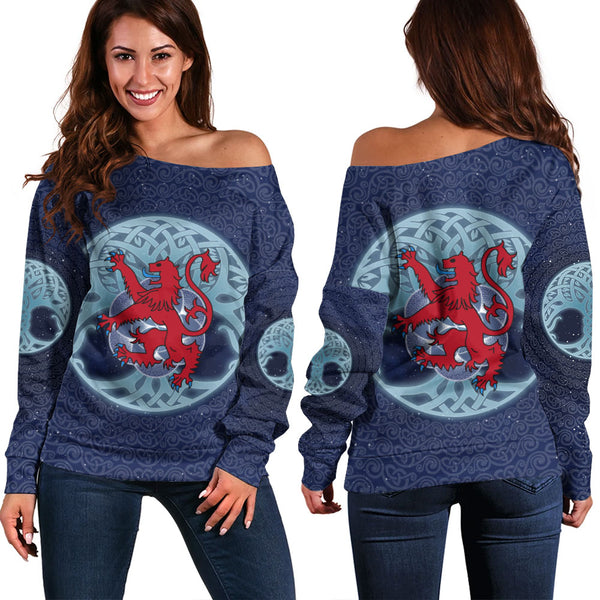 Scotland Off Shoulder Sweatshirt Celestial Rampant Lion Mystic Knot Circle Legacy