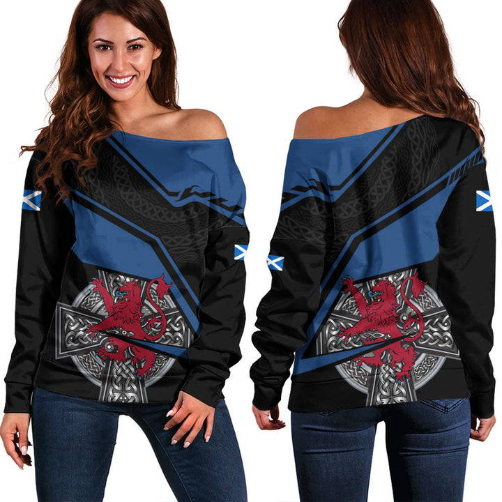 Scotland Off Shoulder Sweatshirt Red Lion Celtic Grid Armor Blue Black Warrior Path Edition