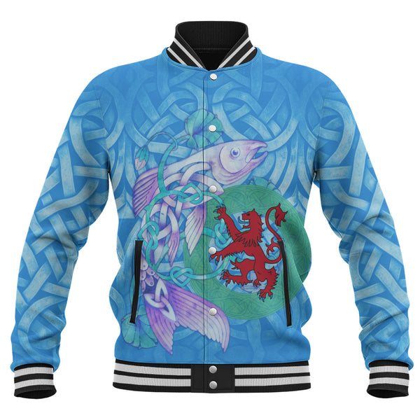 Scotland Baseball Jacket Celtic Salmon Red Lion Spiritwater Heritage Mythical Highland Art