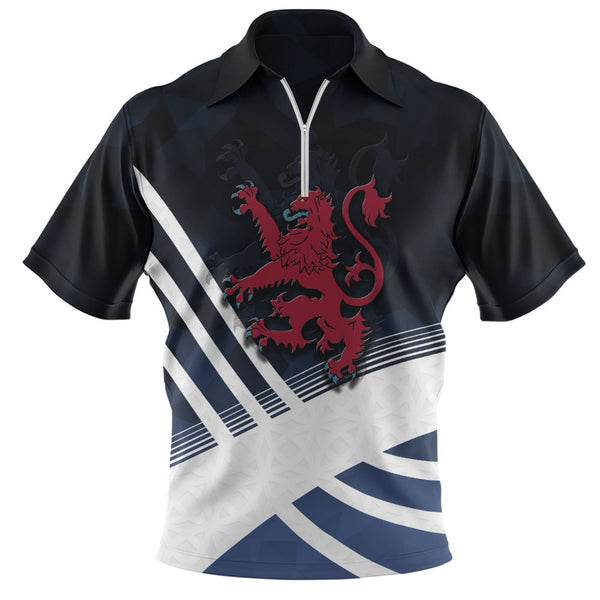 Scotland Zip Polo Shirt Red Lion Dynamic Stripes Saltire Emblem Bold Highland Energy Look