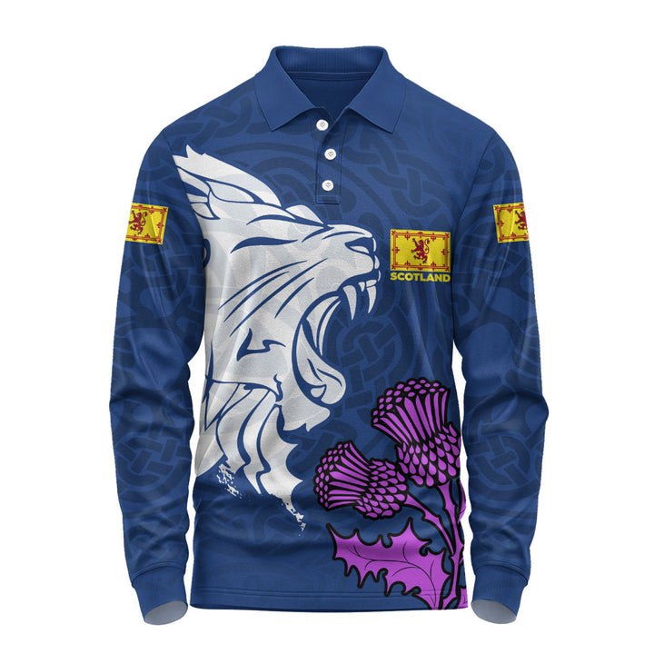 Scotland Long Sleeve Polo Shirt Roaring Lion Thistle Pride Blue Bold National Identity Spiritwear