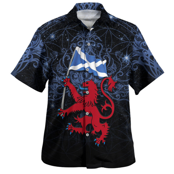 Scotland Hawaiian Shirt Starborn Lion Saltire Banner Celestial Blue Highland Pride Gear