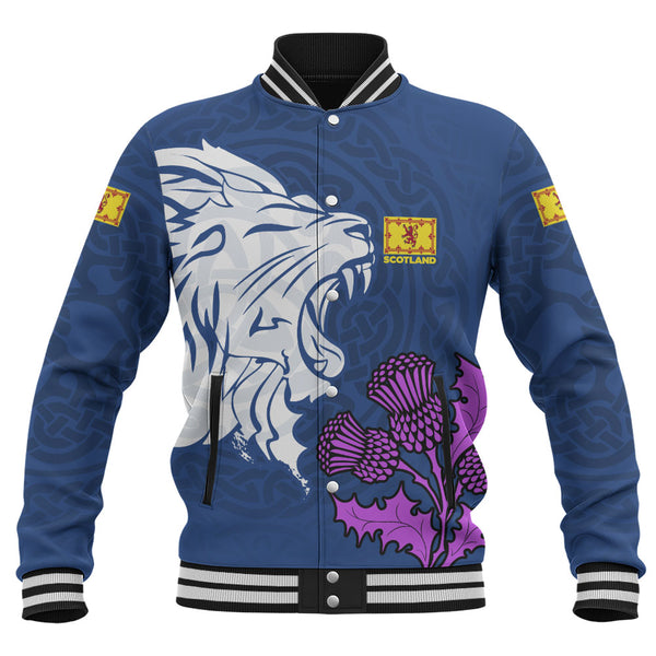 Scotland Baseball Jacket Roaring Lion Thistle Pride Blue Bold National Identity Spiritwear