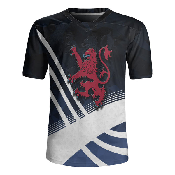 Scotland Rugby Jersey Red Lion Dynamic Stripes Saltire Emblem Bold Highland Energy Look