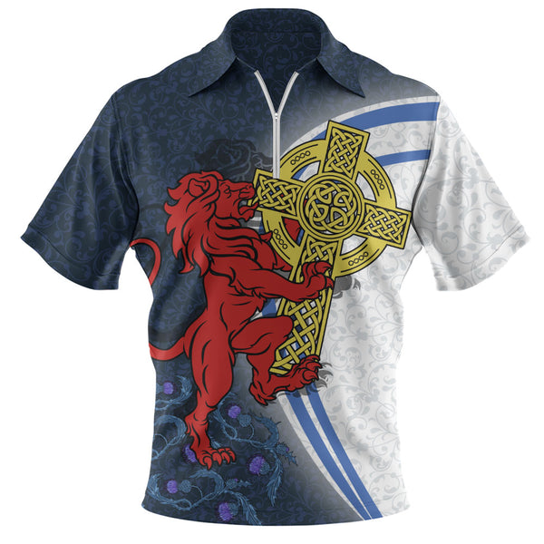 Scotland Zip Polo Shirt Lion Guarding Celtic Cross Saltire Heritage Warrior Symbolic Design