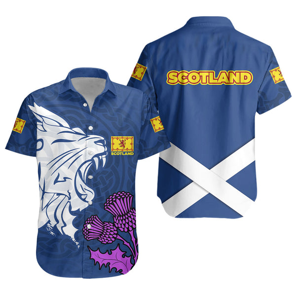 Scotland Short Sleeve Shirt Roaring Lion Thistle Pride Blue Bold National Identity Spiritwear
