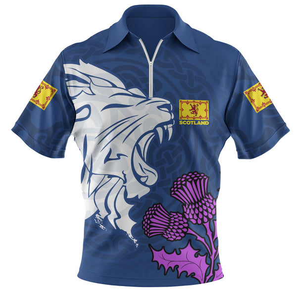 Scotland Zip Polo Shirt Roaring Lion Thistle Pride Blue Bold National Identity Spiritwear