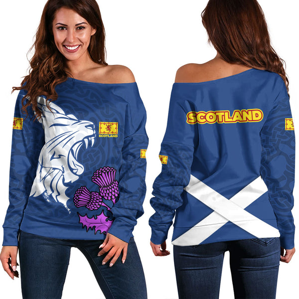 Scotland Off Shoulder Sweatshirt Roaring Lion Thistle Pride Blue Bold National Identity Spiritwear