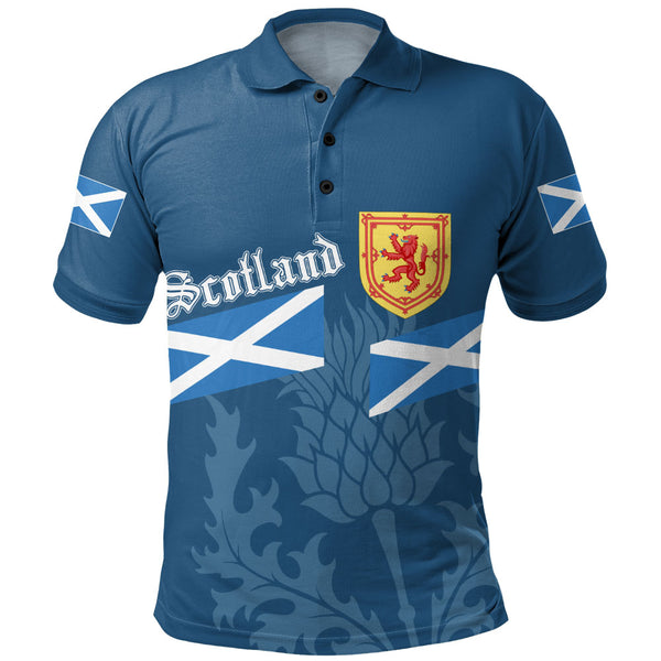 Scotland Polo Shirt Saltire Thistle Crest Blue Heritage Emblem National Pride Wear