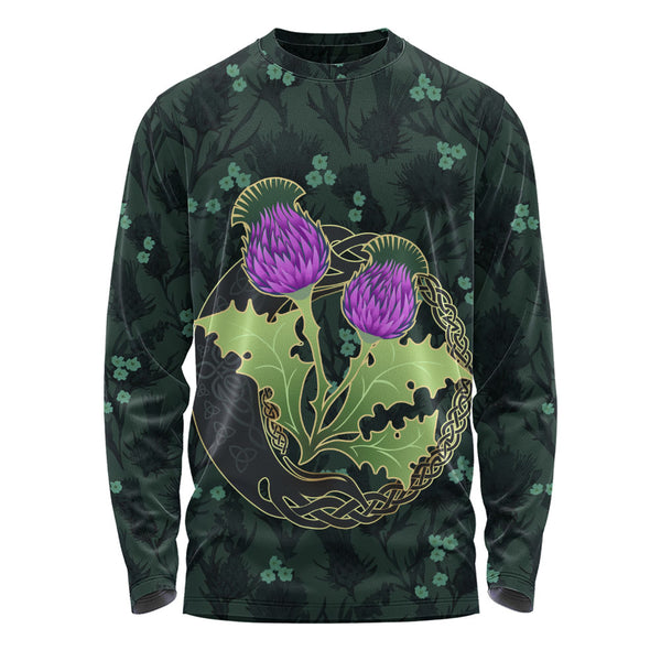 Scotland Long Sleeve T-Shirt Thistle Bloom Celtic Emblem Nature Heritage Green Pattern Art