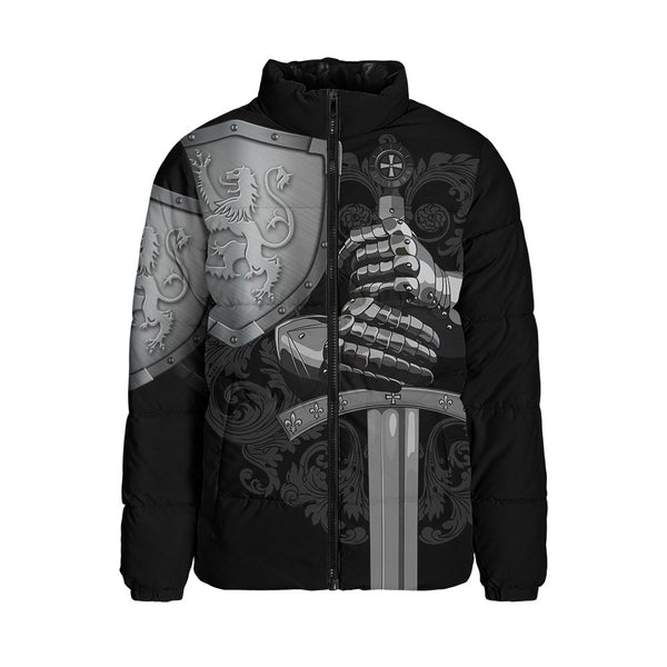 Scotland Padded Jacket Medieval Warrior with Steel Gauntlet Holding Sword and Shield Lion