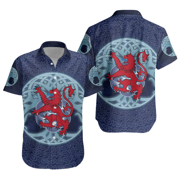 Scotland Short Sleeve Shirt Celestial Rampant Lion Mystic Knot Circle Legacy